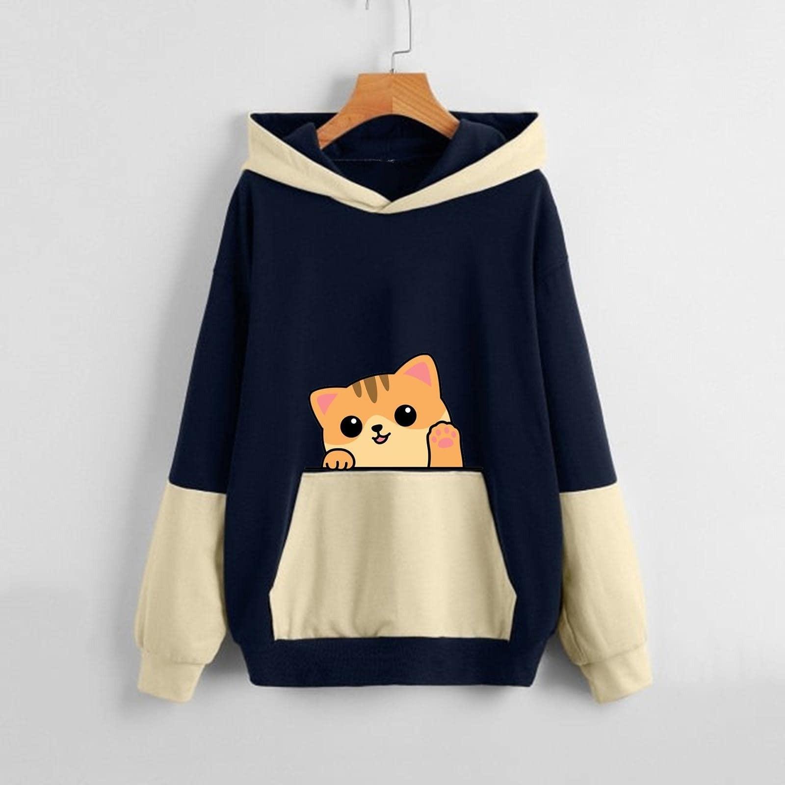 

Жіноча осіння толстовка з принтом із милим котом і кольоровими блоками M темно-синього кольору