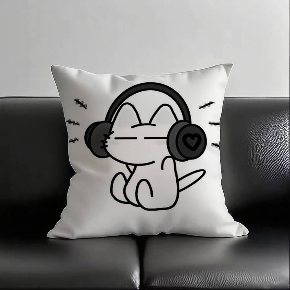 1pc Kitten With Headphones Pillow Case Square Bedroom Sofa Leisure Comfort Cushion Car Living Room Home Decoration
