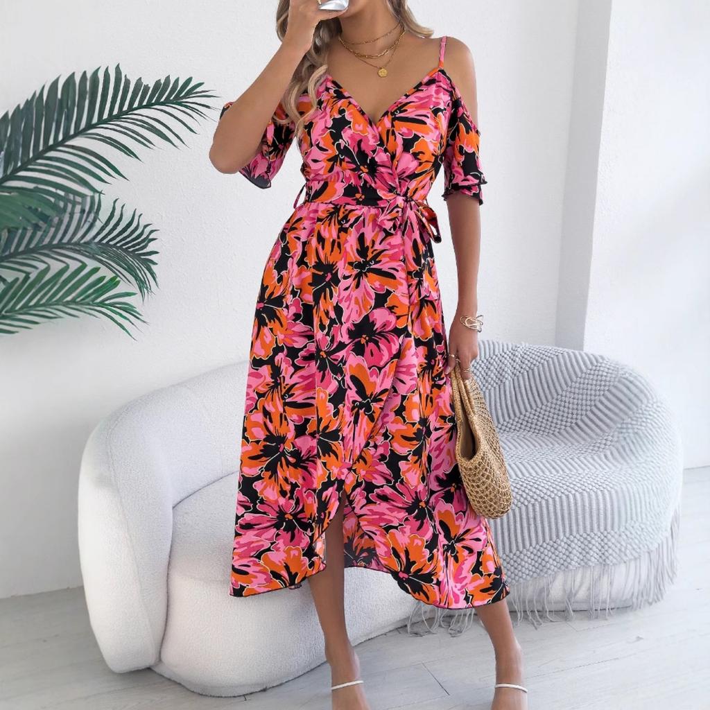2025 New Fashion Trend Spring Summer Off-the-shoulder Crossover V-Neck Flower Suspendron Maxi Dress Resort Dress Women's