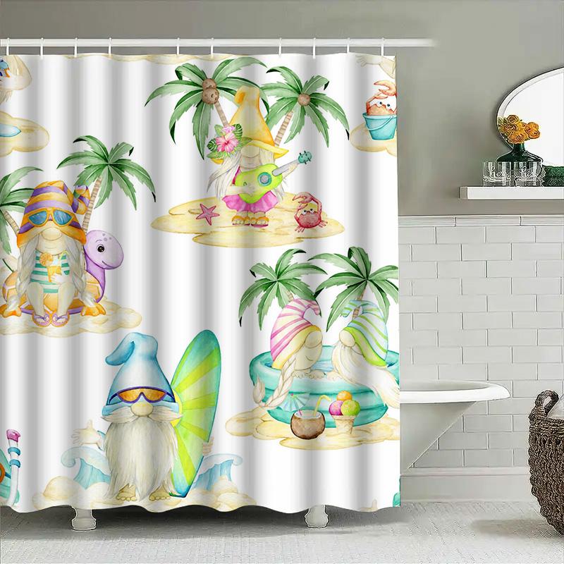 

Summer Beach Gnome Shower Curtain Set Cute Cartoon Watercolor Design For Bathroom Decor Perfect Gift Idea W60H190(CM)-1 Pcs