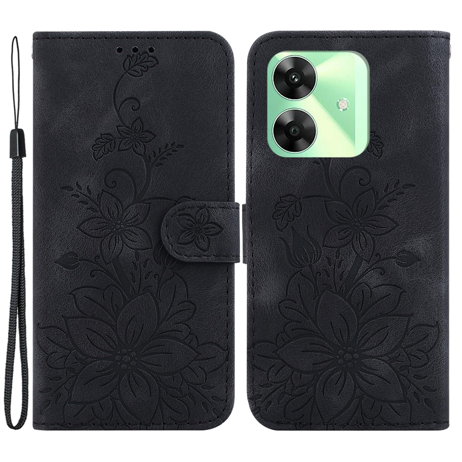 

For Realme Note 60x 4G/C63 4G/C61 4G/Narzo N63 4G Stand Case Lily Flower Imprint Leather Phone Cover Black
