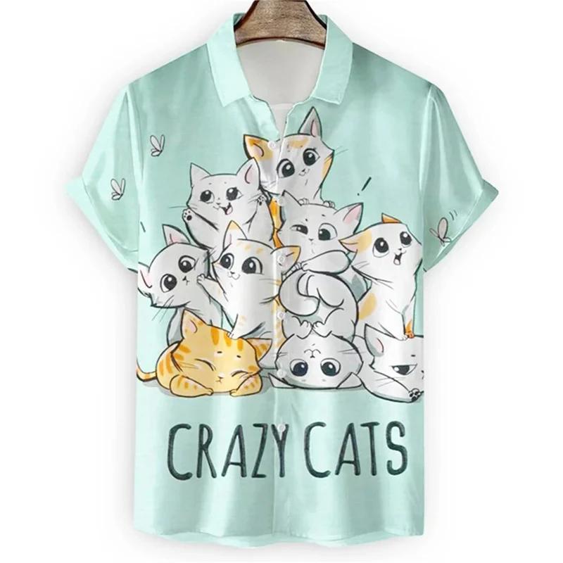 Neues Kawaii 3D Cartoon Anime Katzen Print Hemd für Herren Coole Designs Kurzarm Knopf Hawaiianische Hemden Urlaubs Strand Tops Bluse