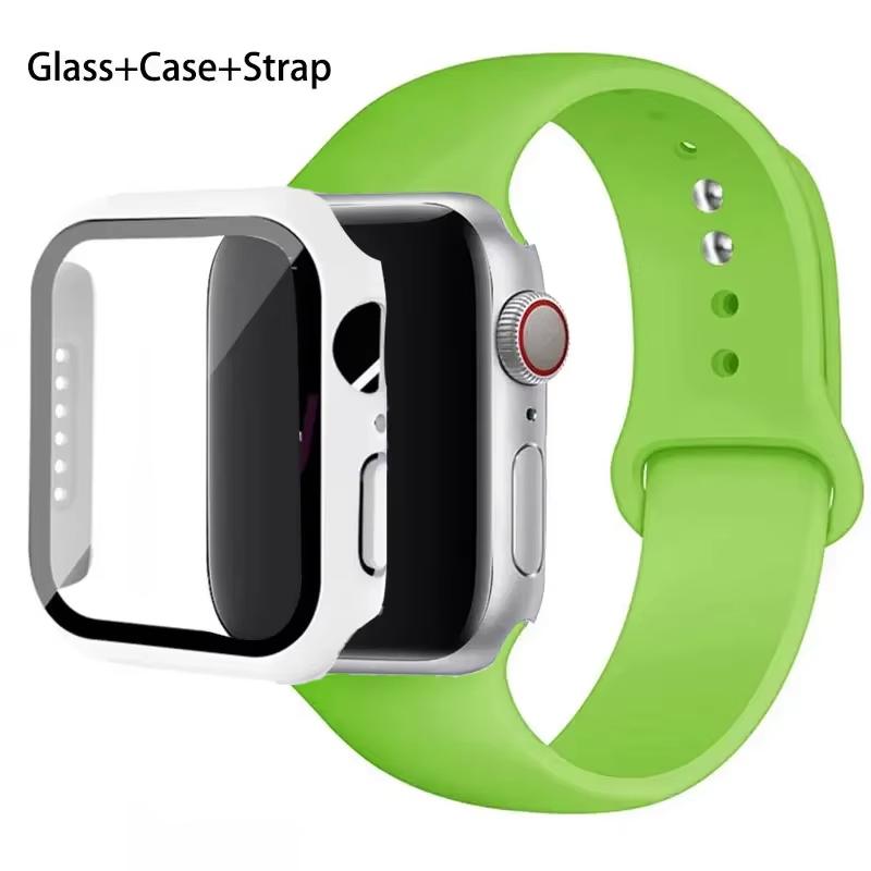 Glass+Case+Strap For Apple Watch band 46mm 45mm 44mm 41mm 40 38mm Silicone watchband bracelet iWatch series 10 9 8 7 6 5 4 3 SE