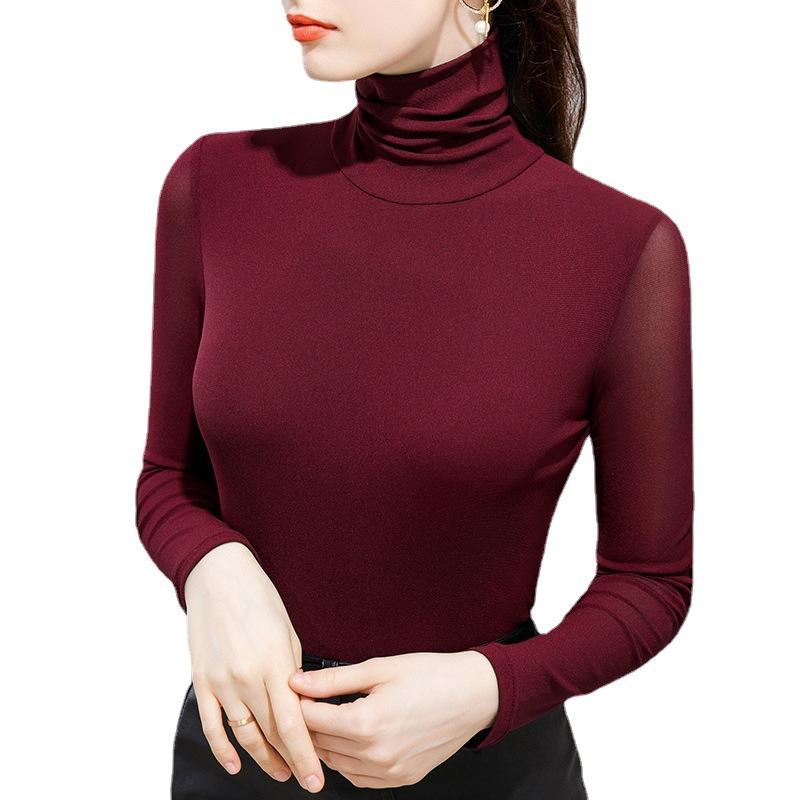 Hoher Kragen, Plüsch-Netzrücken, Damen-T-Shirt mit einfarbiger Überlagerung, langärmelig, elastisches, enges Oberteil für Herbst und Winter