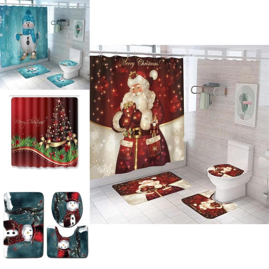 4pcs Christmas Shower Curtain And Toilet Cushion Set Cover Mat For Festive Bathroom Decor