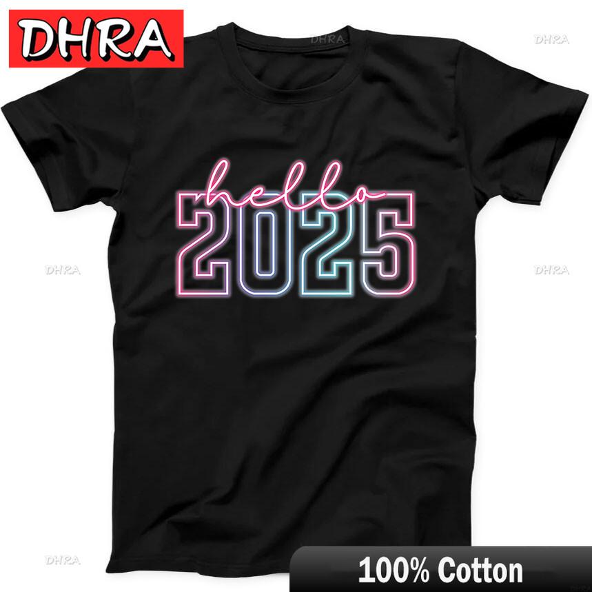 

Neon New Year Hello 2025 Christmas Funny Gift Tee Black T Shirt Graphic Tshirts Colorful Y2K Urban Clothing TShirts Adult 4XL