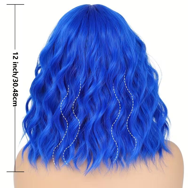 Bob Wig With Bangs 12 Inch Short Wavy Bob Wig Synthetic Blue Orange Pink Yellow Purple Red Wigs For Women Cosplay Halloween Daily Use