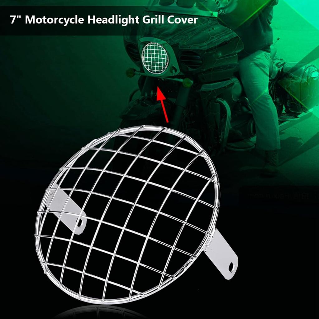 For Motorcycle, 7 Inch Headlight Mesh Grille Side Mount, Universal Cafe Racer Mask, Silver Headlight Lamp Cover, Motorcycle Headlight Cover