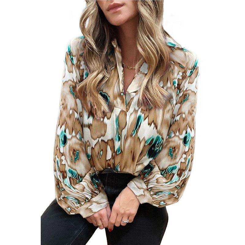 

Fashion Color Print Long Sleeve Pullover Shirt Female 2024 Spring & Fall New Arrival Fashion V-neck Lantern Sleeve Loose Tops Khaki M is one yard larger (55.00 kg-62.50 kg
