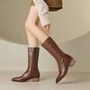 Krazing Pot Cow Leather Winter Pointed Toe Thick Med Heels Western Boots Women Zipper Retro Vintage Mid-calf Boots