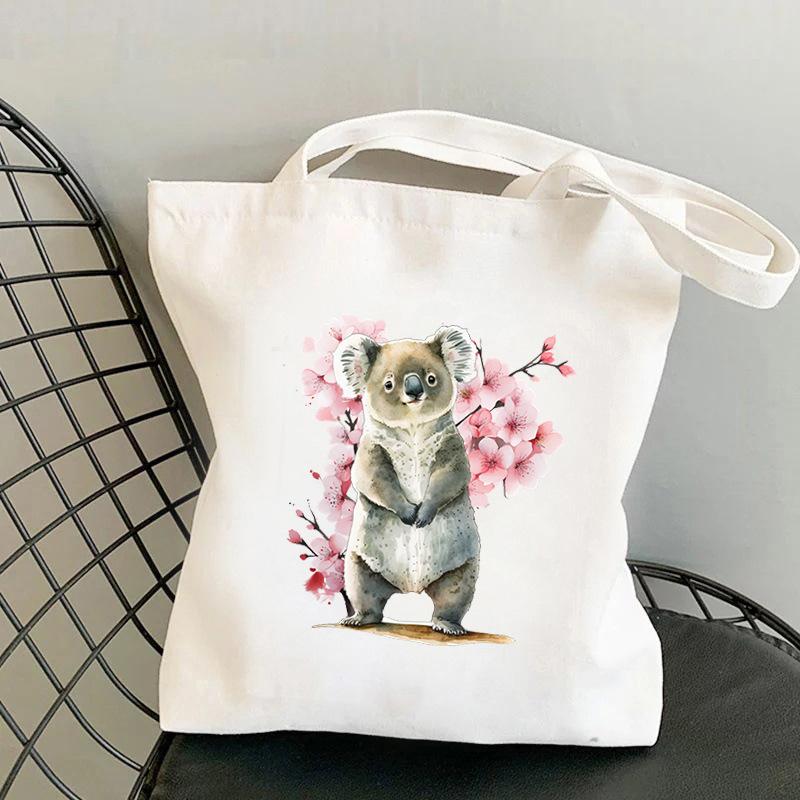 Cherry Blossoms Animal Koala Printed Shoulder Bag Student Large Capacity Canvas Eco-Friendly Bag