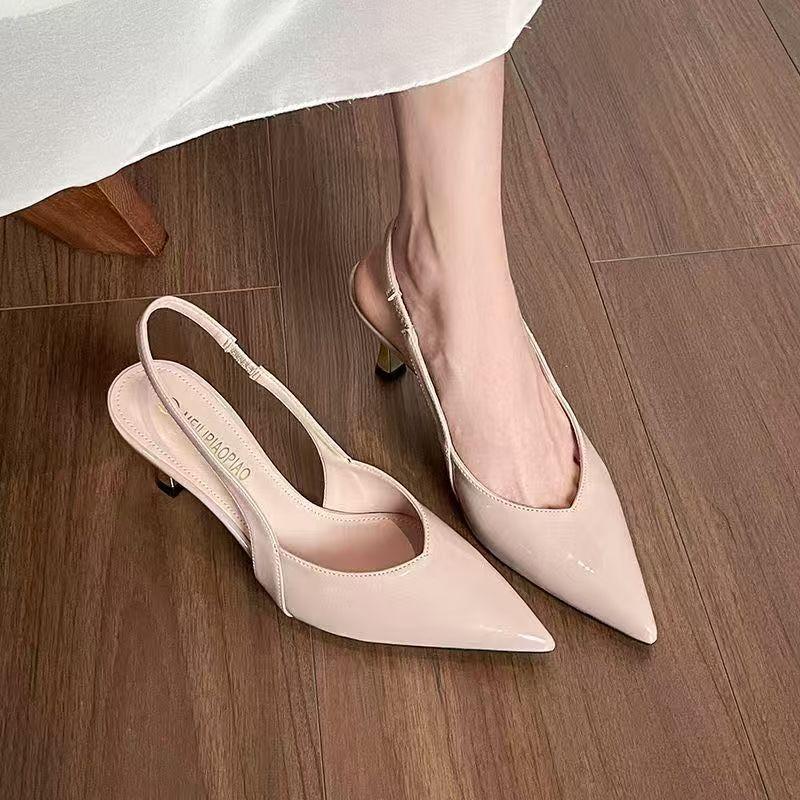 High-heeled baotou kitten heel temperament pointed head half-drag wear thin heel apricot single shoes French stunning sandals 2025 summer