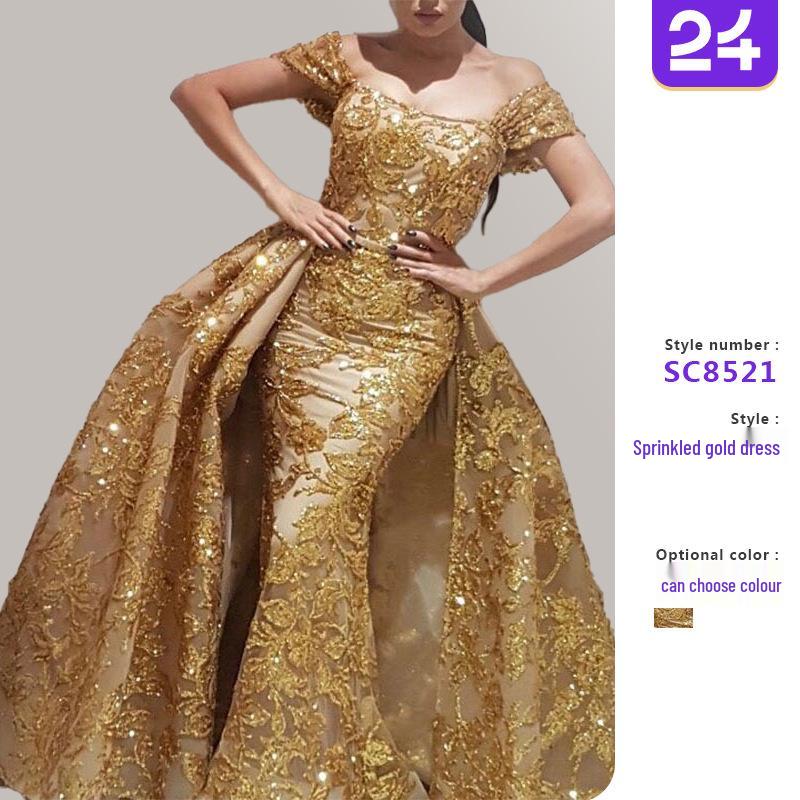 Rochie de seară elegantă pentru femei, stil palat retro european și american 2025, cu design mulat pe șolduri și fustă amplă.