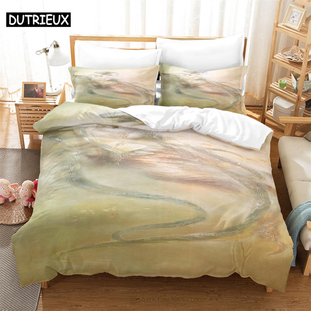 

3PCS Watercolor painting Bedding Sets Home Bedclothes Super King Cover Pillowcase Comforter Textiles Bedding Set (135x200cm)&set