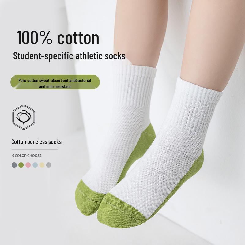Șosete de vară din plasă până la jumătatea gambei pentru copii, din bumbac pur, antibacteriene - Color Block pentru băieți și fete, potrivite pentru copiii mai mari și studenți.