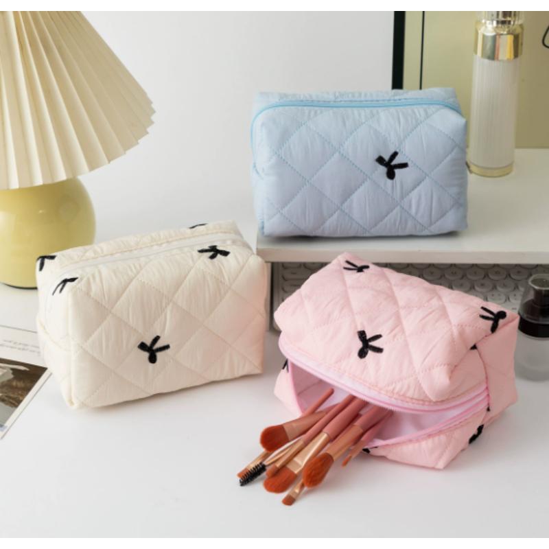 Pretty Bow Design Floral Makeup Bag Large Capacity Portable Cosmetic Storage Bag Cotton Makeup Wash Bag Cosmetic Organizer Pouch