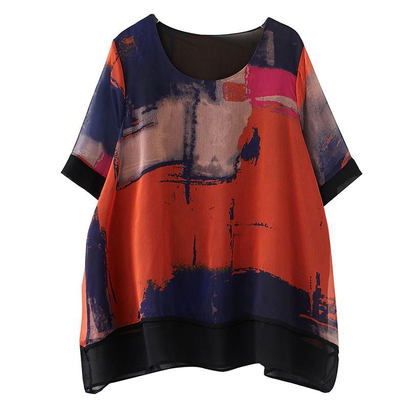Summer New Oversize Chiffon Shirt Women Round Neck Short Sleeve Vintage Printing Pullovers Female Loose Casual Lace Tops