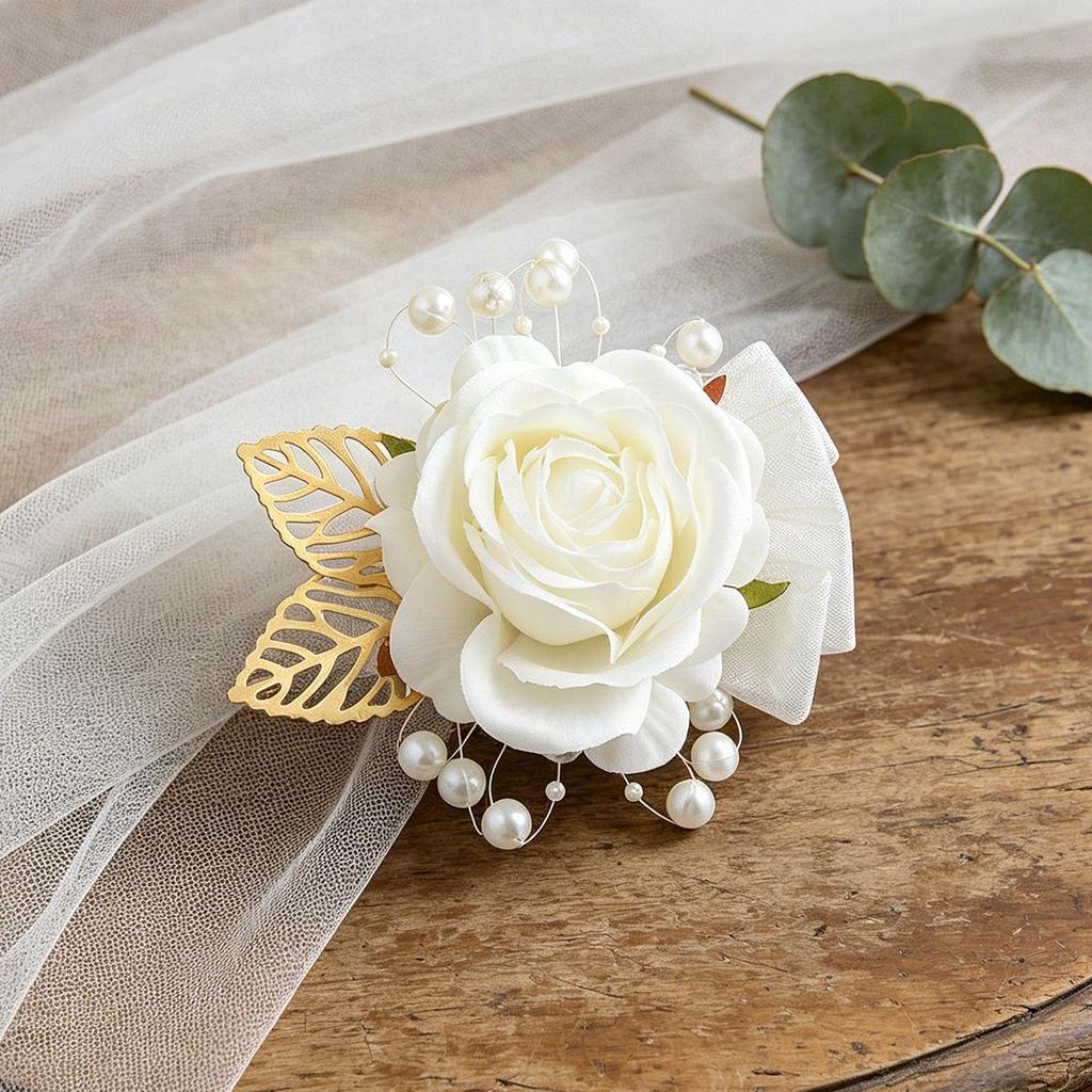 Milk-Colored Silk Rose Wrist Corsage for Brides, Bridesmaids & Sisters (SW6528C)