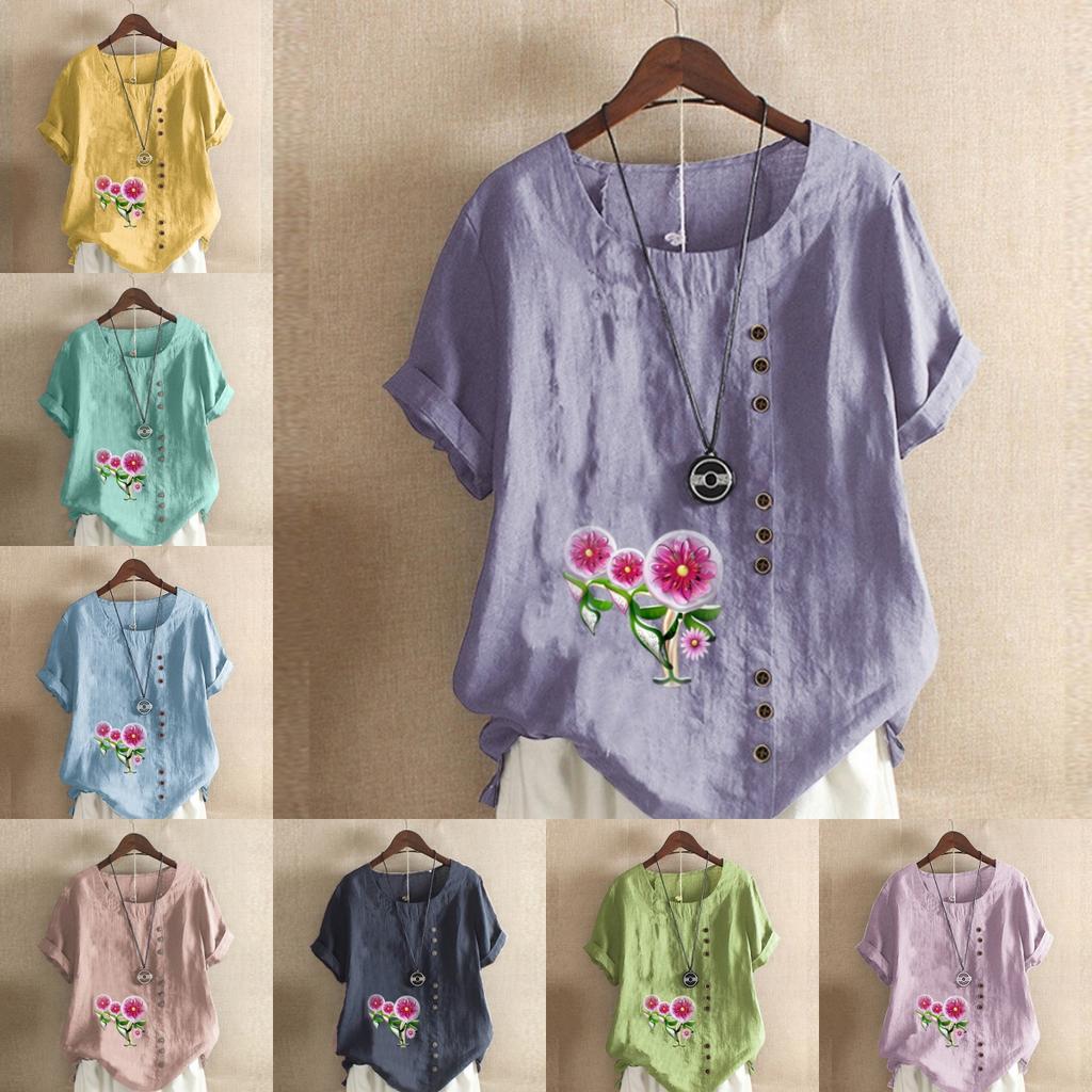 Women's Fashion Flowers Prined Short Sleeve T-shirt Loose Cotton Shirt Casual Loose Summer Blouse Tops