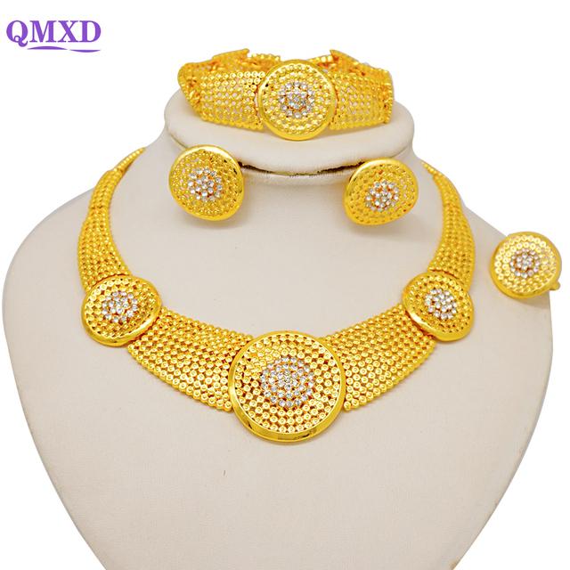 Seturi de bijuterii de culoare aurie Dubai pentru femei Cercei și colier indieni Nigeria Cadouri de nuntă de mireasă marocane