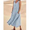 Summer Women Loose Long Sleeveless Round Neck Plain Pocket Dress Cotton Linen