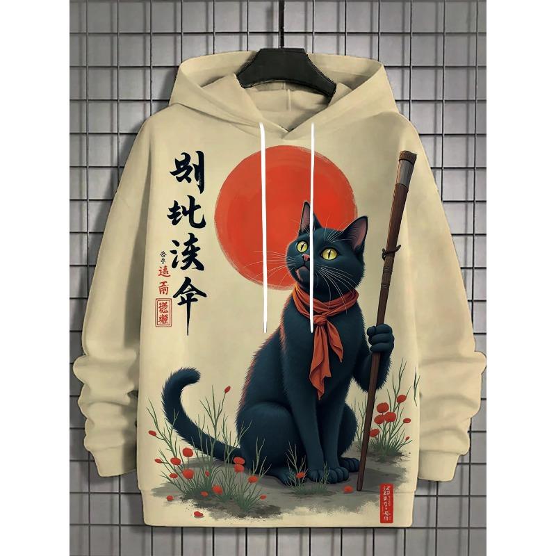 Japanese Samurai Cat Hoodie For Men Autumn And Winter Fashion Hoodie Casual Men's Long Sleeved T-Shirt Oversized Streetwear 5xl