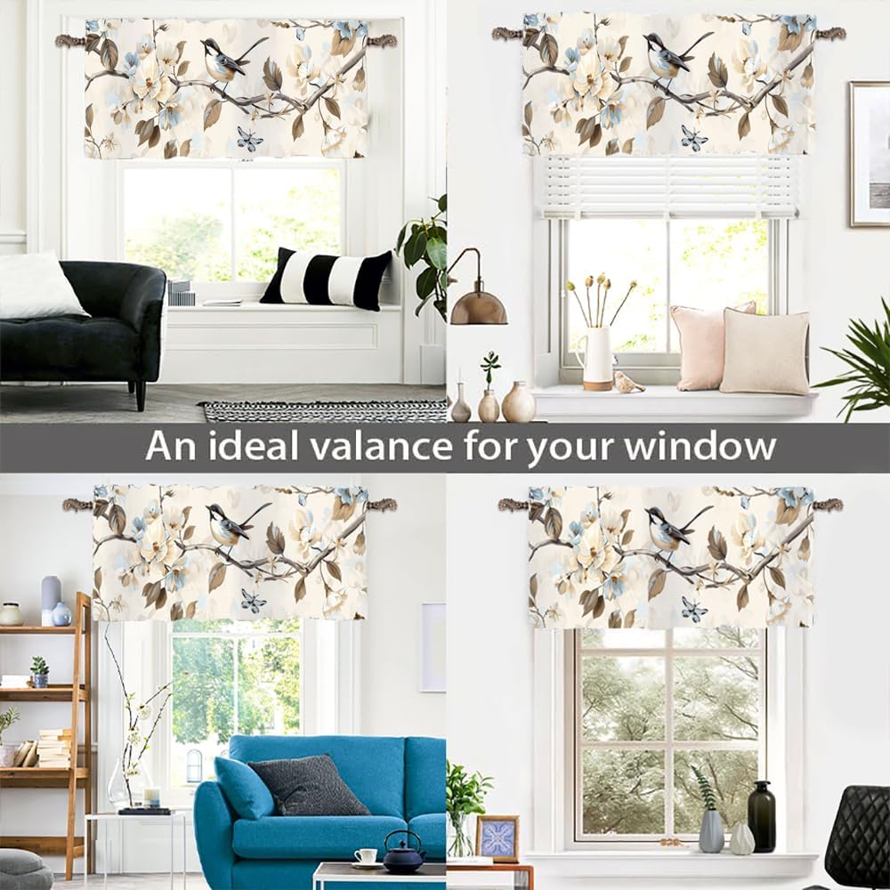 1 Panel Retro Branch Bird Window Valances, Floral Nature Animal Window Treatment Decor Curtains Rod Pocket Valances for Kitchen/Living Room, 54" X