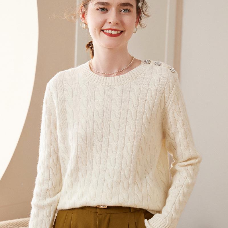Women's Pure Cashmere Round Neck Sweater - Versatile Spring Pullover Knitted Top