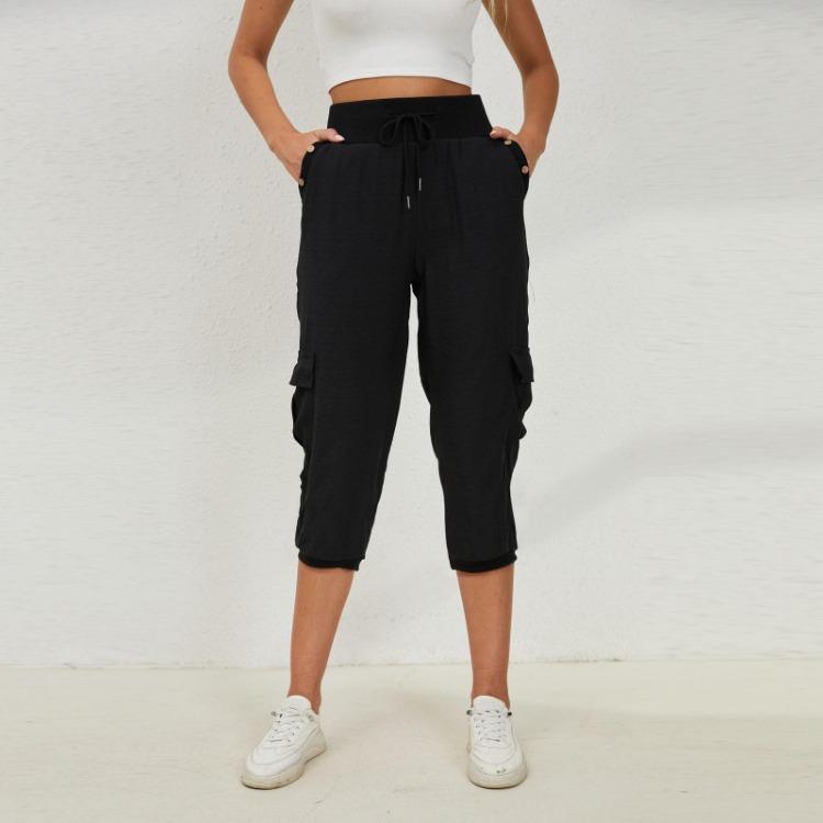 Women's Casual Cotton Linen Yoga Jogger Pants 3/4 Loose Solid With Pockets And Elastic Waist