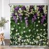Green Vine Gray Wall Shower Curtain Green Leaf Plant White Purple Flower Nature Bathroom Decor Polyester Fabric Bath Curtain