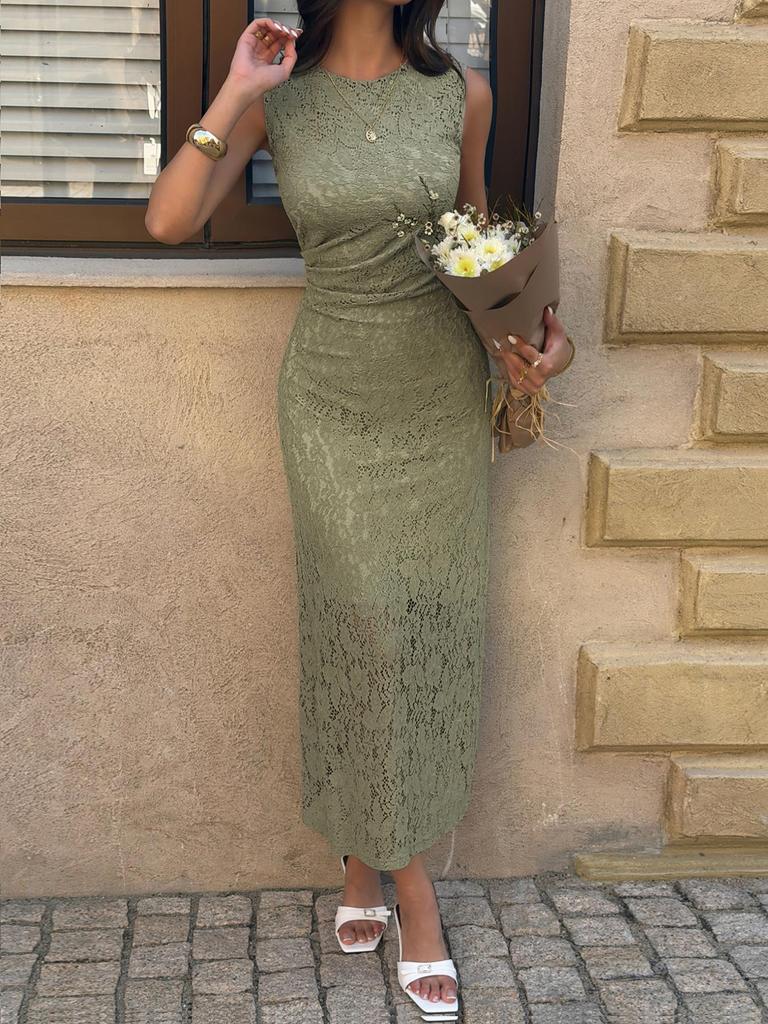 Elegant European-Style Green Lace Dress with Cinched Waist for Women, Spring/Summer 2026