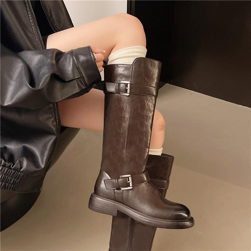 Women's Shoes Hand-scratched Qincolor 25 New Oil Wax Texture Belt Buckle Locomotive Short Boots Heavy Industry Knight Boots Velvet Short Boots