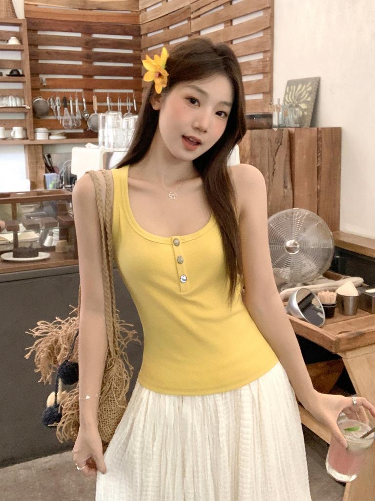 Pure desire u-neck button exposed clavicle sling vest women's summer new slim fit short sleeveless top