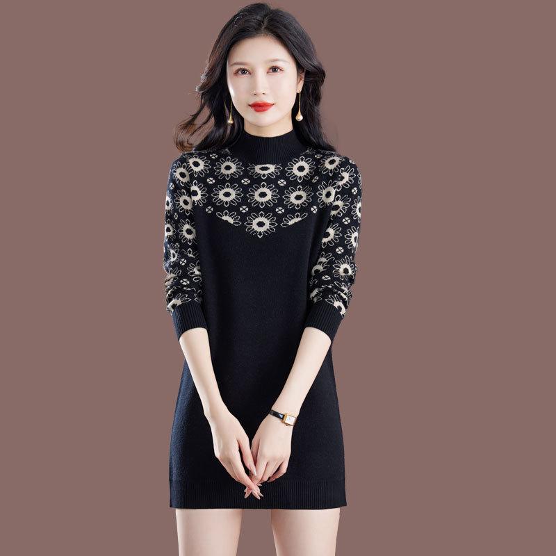 

Large-sized Pullover Women s Printed Casual Mid-length Sweater Dress Half Turtleneck Floral Loose Knitted Dress for Autumn and Winter S чёрный