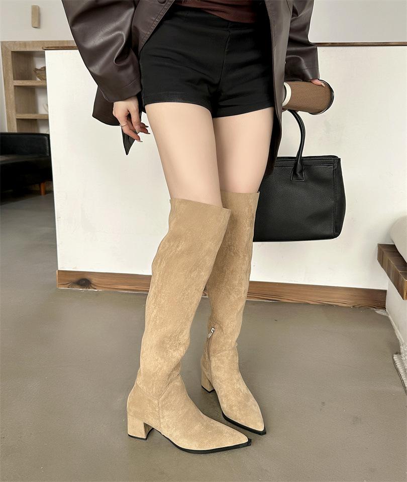 

2025 autumn and winter new fashion versatile low heel pointed pile boots tall knight boots thin boots thick heel 39 хаки