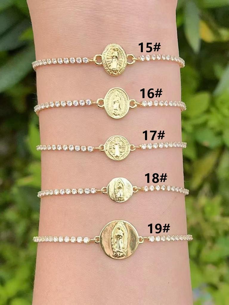 Gold Tennis Chain Religious Bracelet Virgin Mary Cross Heart Medal Charms Crystal Rhinestone Dainty Catholic Faith Jewelry