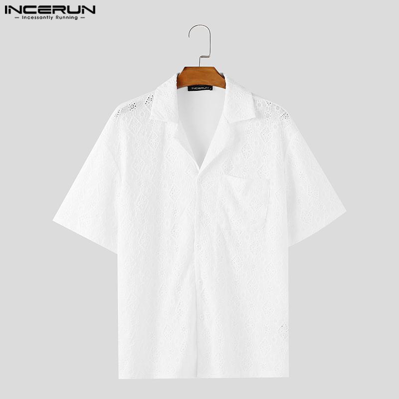 INCERUN Summer Men Short Sleeves Front Lace Patchwork See Through Loose Shirts