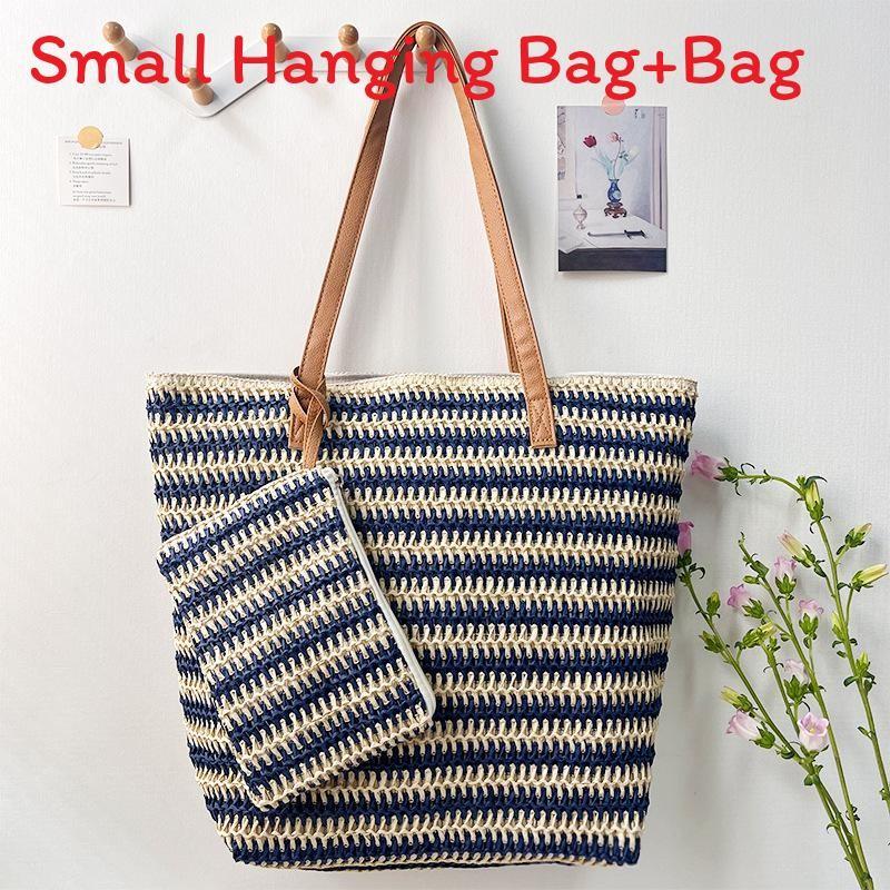 Woven Straw Tote Bag With Zipper Closure For Casual Travel And Summer Outings