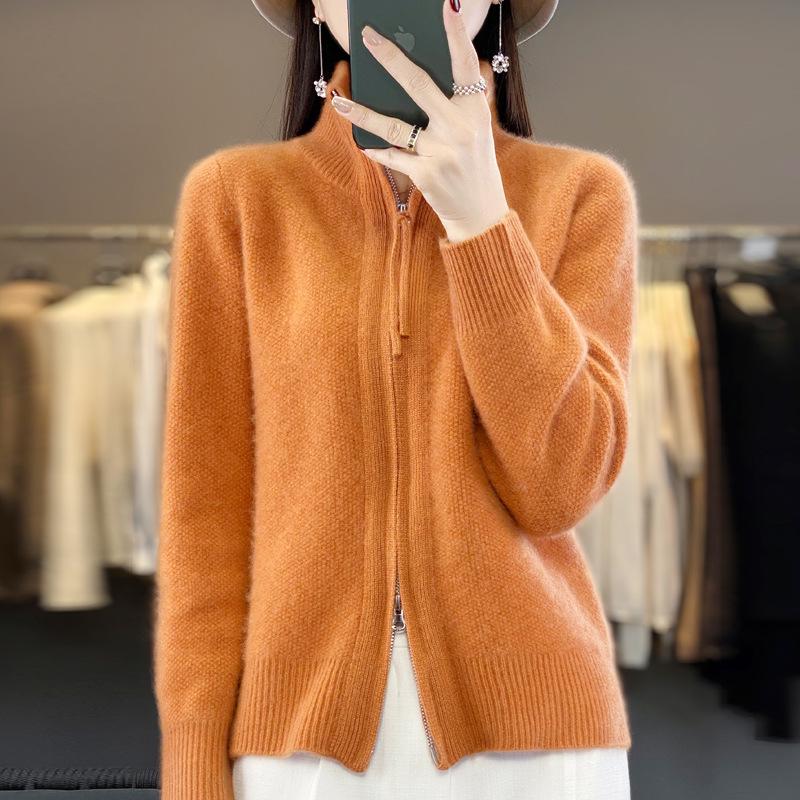Women's Wool Double Zipper High Collar Cardigan - Long Sleeve, Loose Fit, Solid Color.