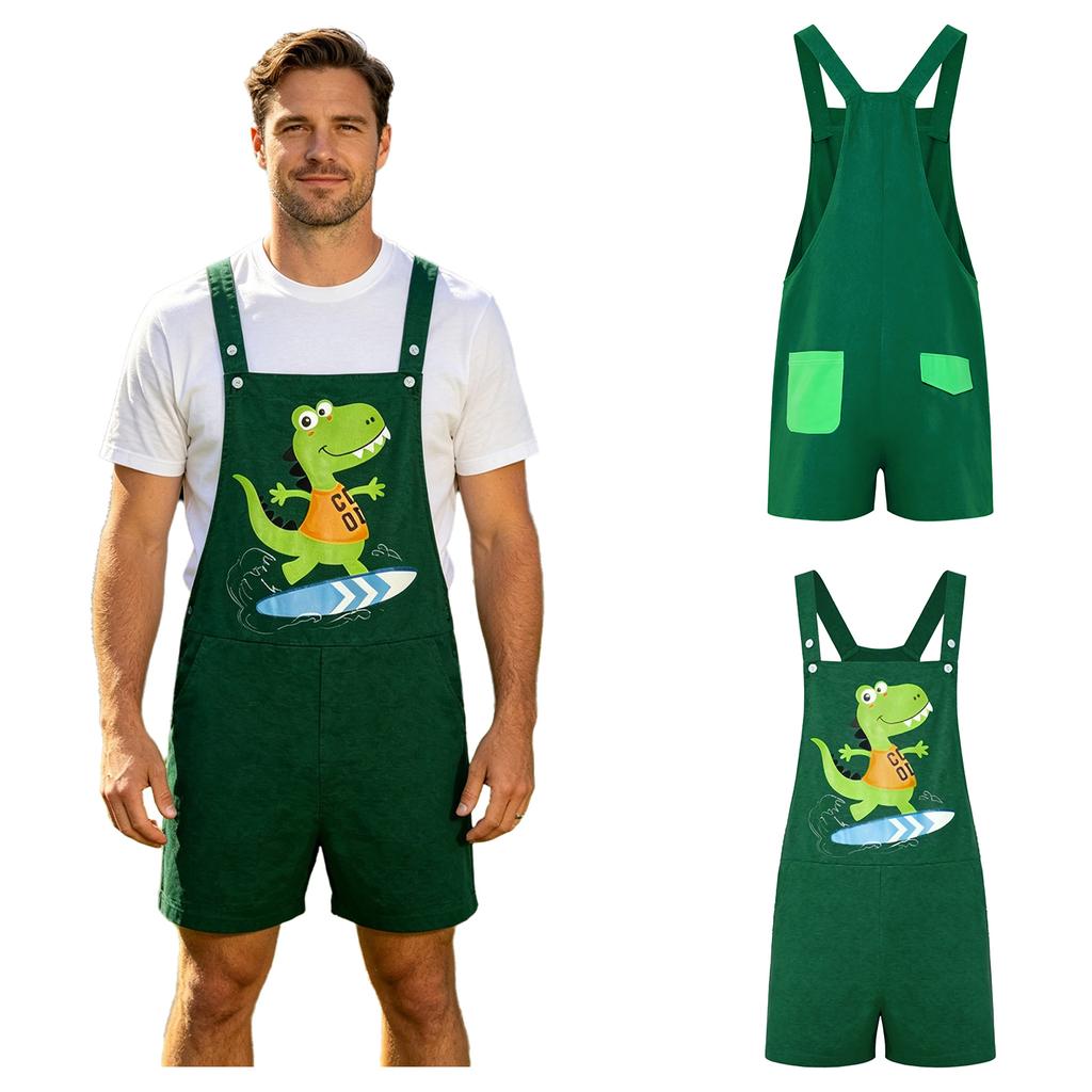 S-XXL Tuta Pigiama da Uomo con Stampa Dinosauro Cartone Animato Colore a Blocchi Posteriore Tasche Spallacci Regolabili Shorts a Salopette Tuta Pigiami