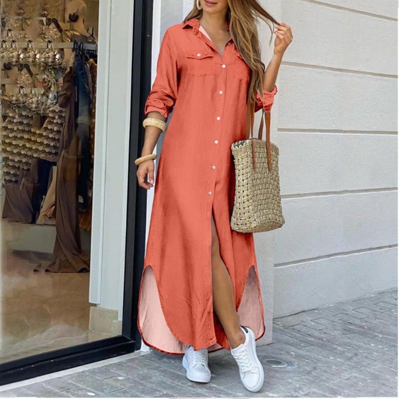 Spring and Summer Fashion Long Sleeved Candy Colored Lapel Shirt Long Dress