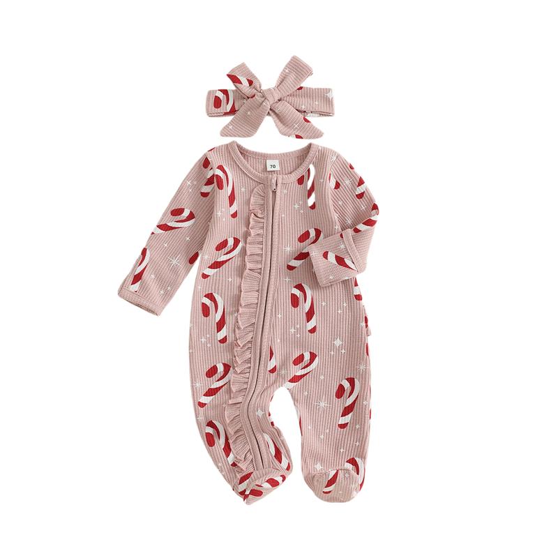 

Newborn Baby Girl Christmas Oblique Zipper Romper Long Sleeve O Neck Print Jumpsuit with Headband 90 рожевий