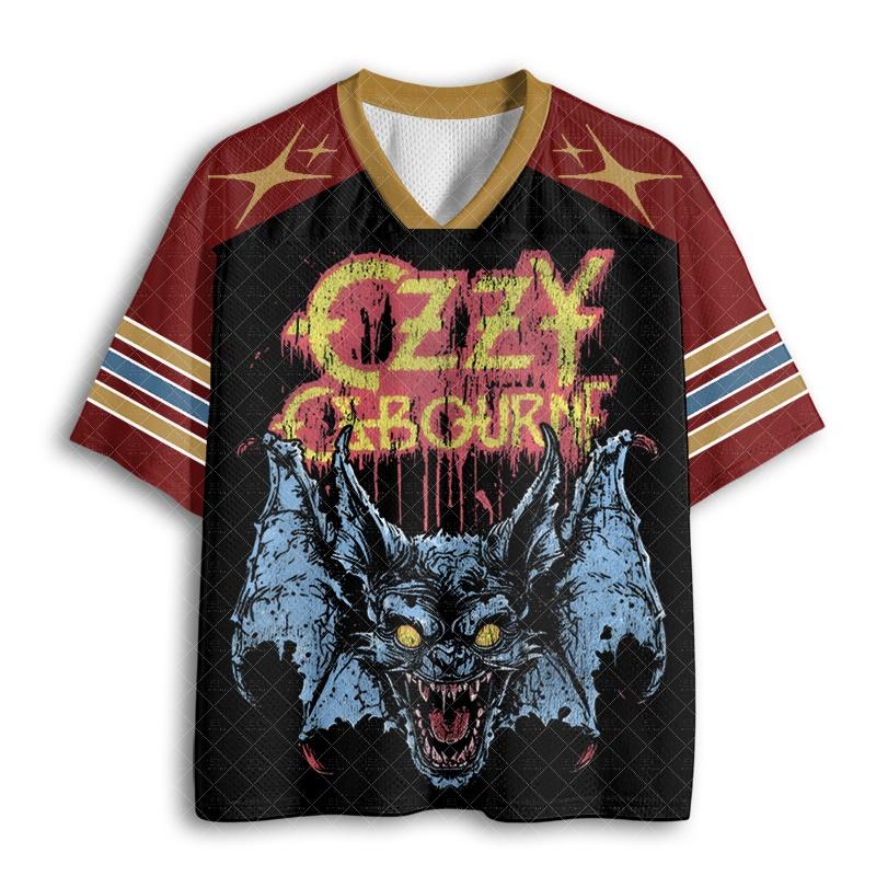 V Neck Mesh Football Jersey Vintage Horror Bat Distressed Rock Letter Print Burgundy Gold Multi Striped Sleeve Loose Sport Tee