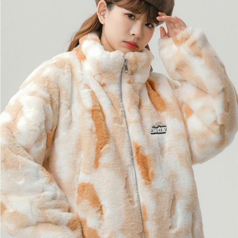 Winter New Trendy Brand Tie-dye Stand-up Collar Imitation Lamb Wool Fur Jacket Men's and Women's Casual Padded Couple Cotton-padded Clothes Tide