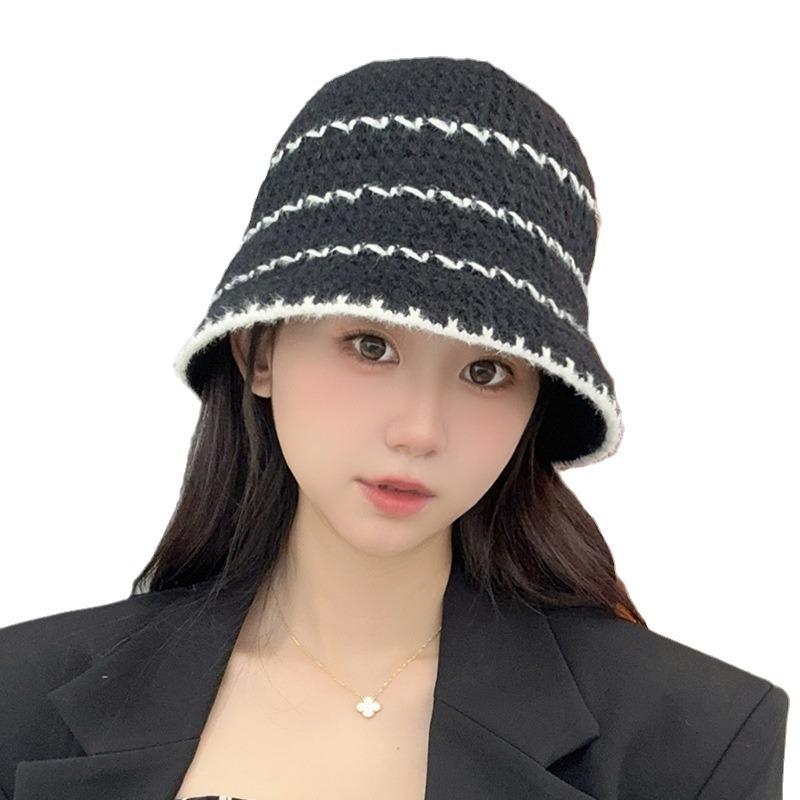 Female Striped Color blocking Fisherman Hat Showing Face Small and Versatile Simple Casual Bucket Hat Fashionable Basin Hat