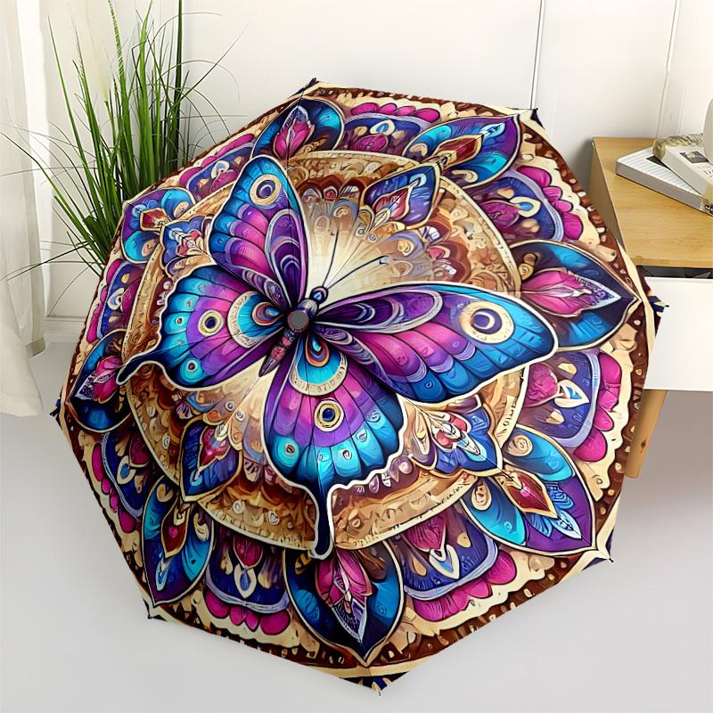 1pc Butterfly Mandala Art Folding Umbrella, Durable, Suitable for Outdoor Activities or Rain, Suitable for Commuting Yy251027064