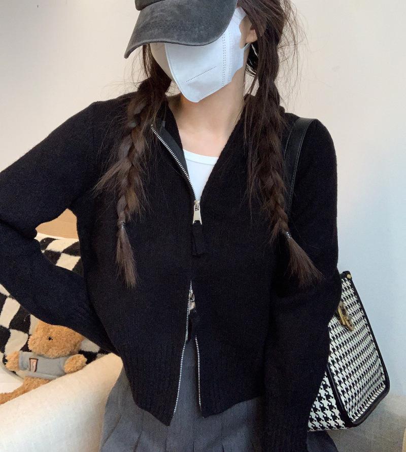 

Женский серый вязаный кардиган с капюшоном на молнии – Чистый и сексуальный стиль, осенний короткий свитер-топ One Size