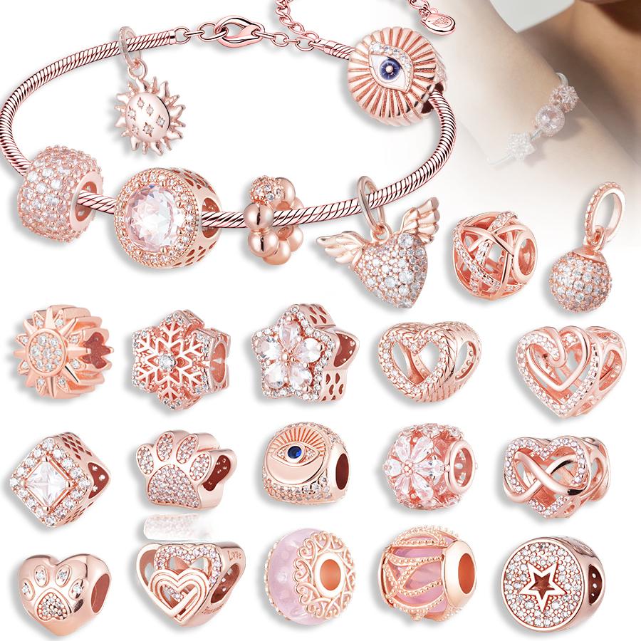 New Rose Gold Color Charm For Women Shiny Cubic Zirconia Beads Heart Star Sun Diy Fit Original Silver 925 Bracelets Jewelry Gift