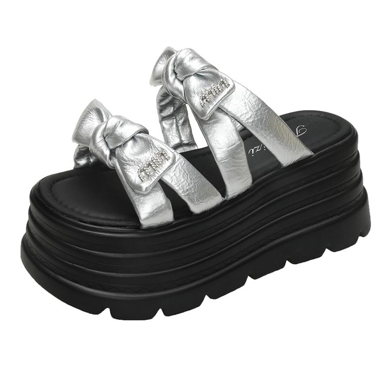 

Fashion High Platform Slippers For Women Open Toe Leather Wedges Chunky Sandals New Summer Thick Bottom Female Beach Flip Flops 7CM 36 срібний