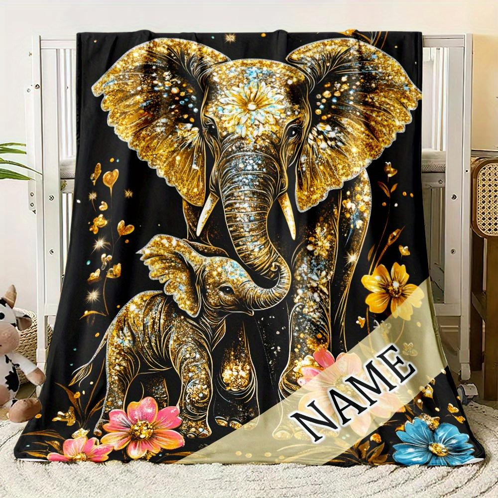 Customizable 1pc Golden Elephant Print Fleece Blanket, Lightweight Flannel Throw for Sofa, Bed, Travel, Living Room, Office, Cou